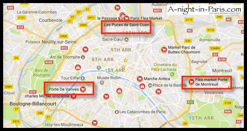 Map of 3 Flea Markets in Paris 