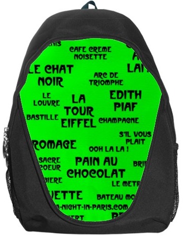 Paris backpack in lime green with French words
