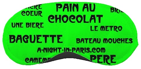 Paris sleep mask in lime green with French words by Teena Hughes (image)