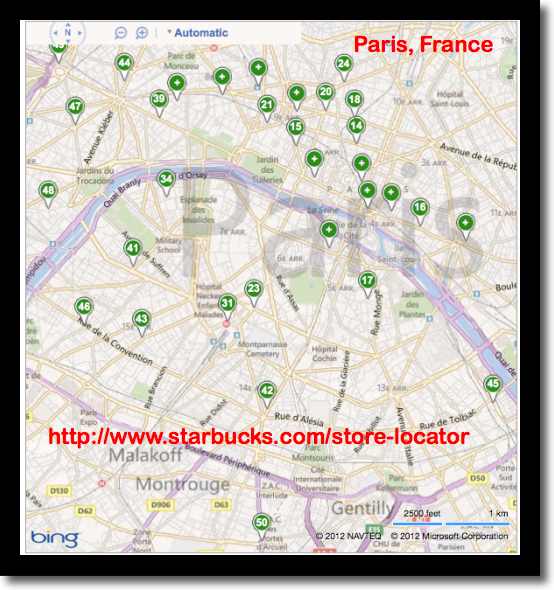Map of Starbucks wifi cafes in Paris, France (image)